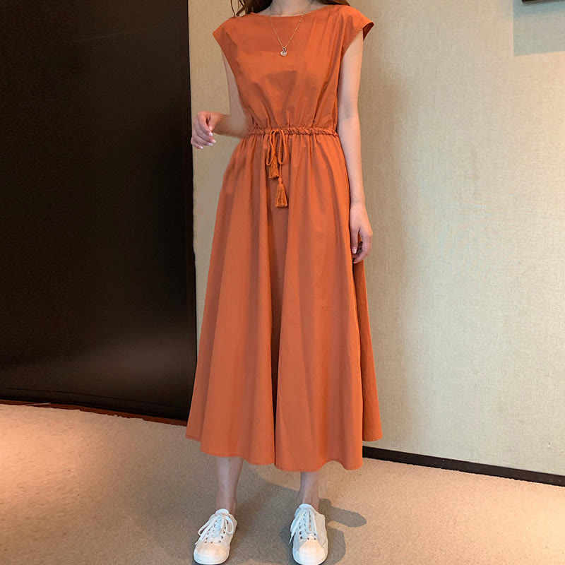 Nimara Ritual Casual Eastic Waist Drawstring Design Short Sleeve Midi Dress