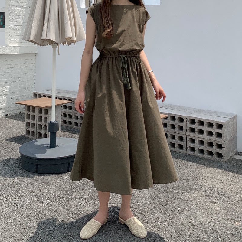 Nimara Ritual Casual Eastic Waist Drawstring Design Short Sleeve Midi Dress