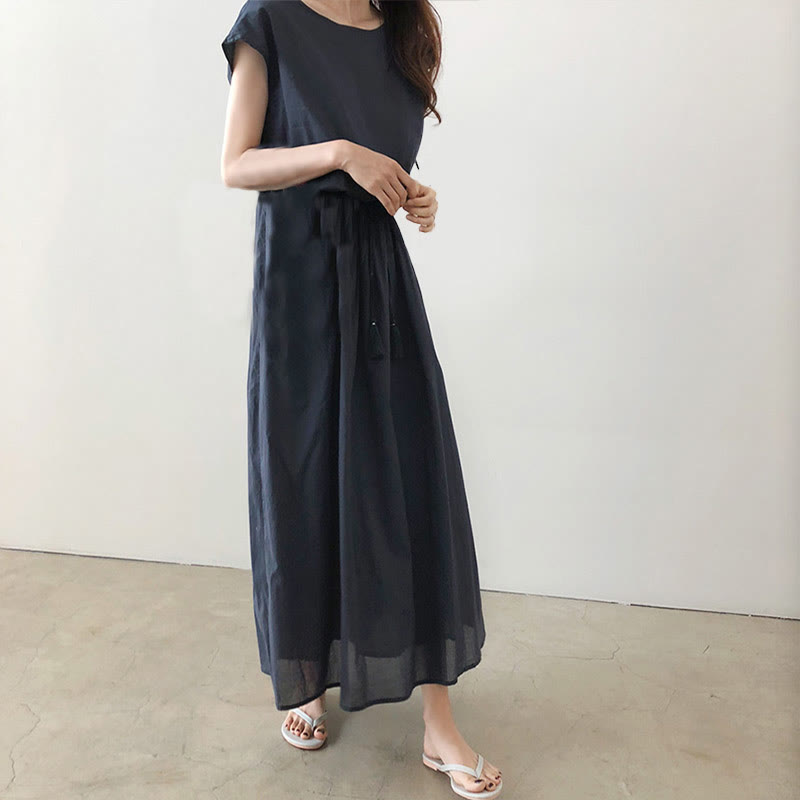 Nimara Ritual Casual Eastic Waist Drawstring Design Short Sleeve Midi Dress