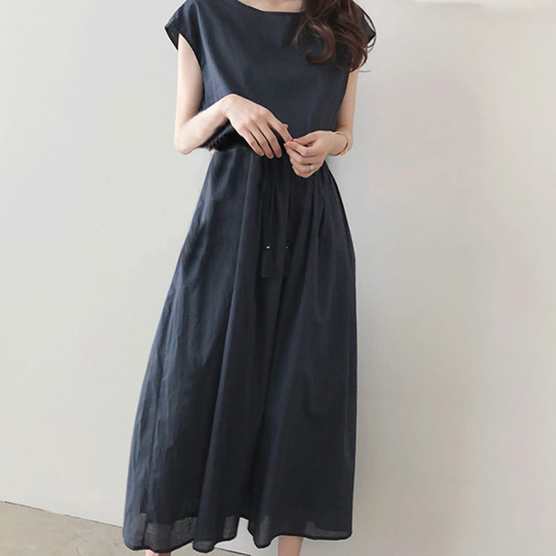 Nimara Ritual Casual Eastic Waist Drawstring Design Short Sleeve Midi Dress