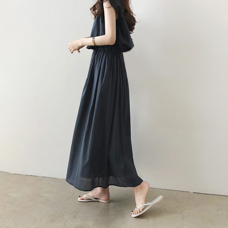 Nimara Ritual Casual Eastic Waist Drawstring Design Short Sleeve Midi Dress