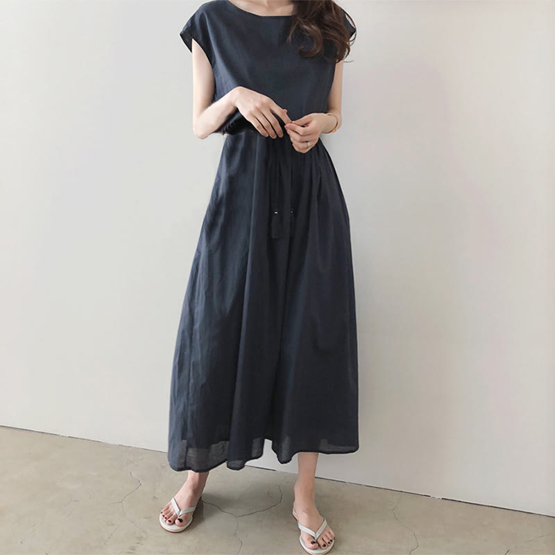 Nimara Ritual Casual Eastic Waist Drawstring Design Short Sleeve Midi Dress
