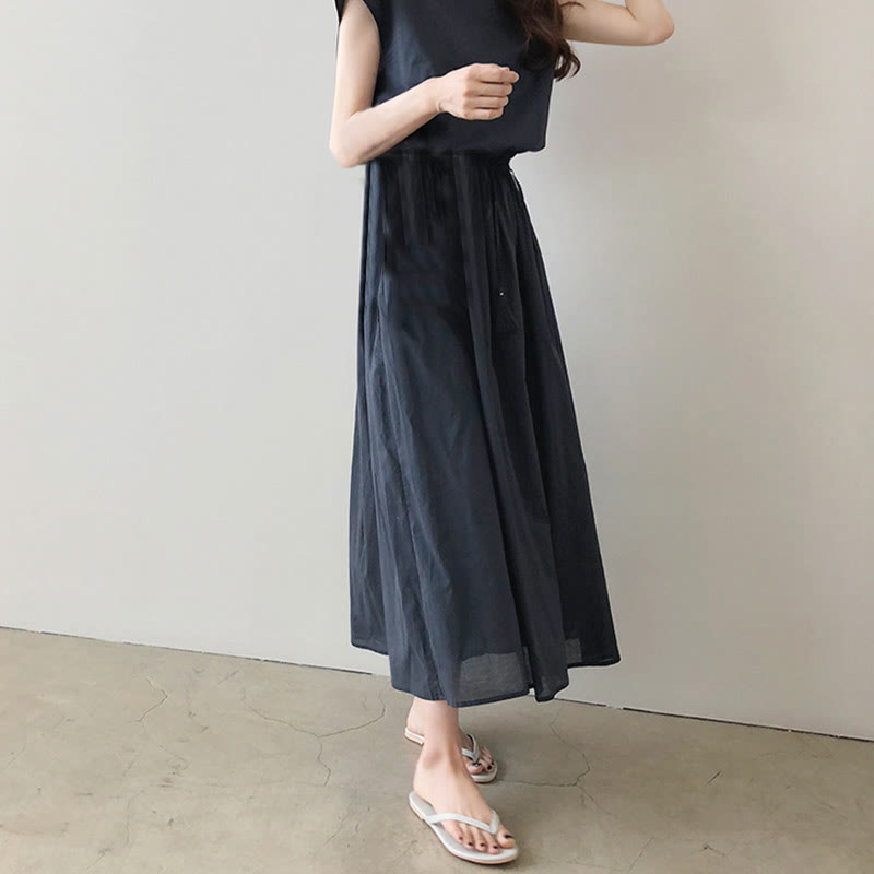 Nimara Ritual Casual Eastic Waist Drawstring Design Short Sleeve Midi Dress