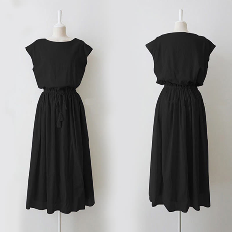 Nimara Ritual Casual Eastic Waist Drawstring Design Short Sleeve Midi Dress