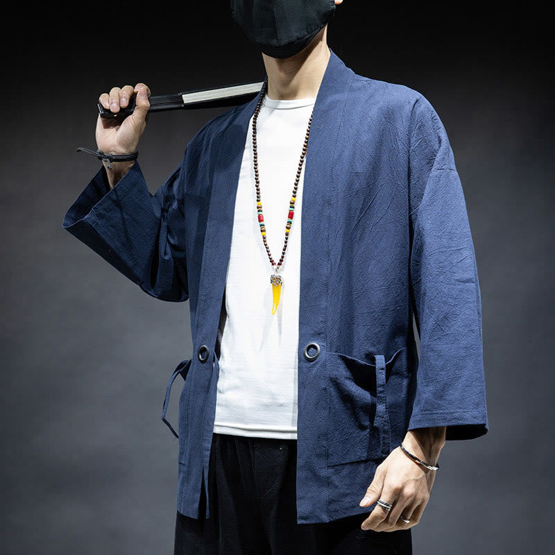 Nimara Ritual Solid Color Lace-up Open Front Jacket Cotton Men's Kimono