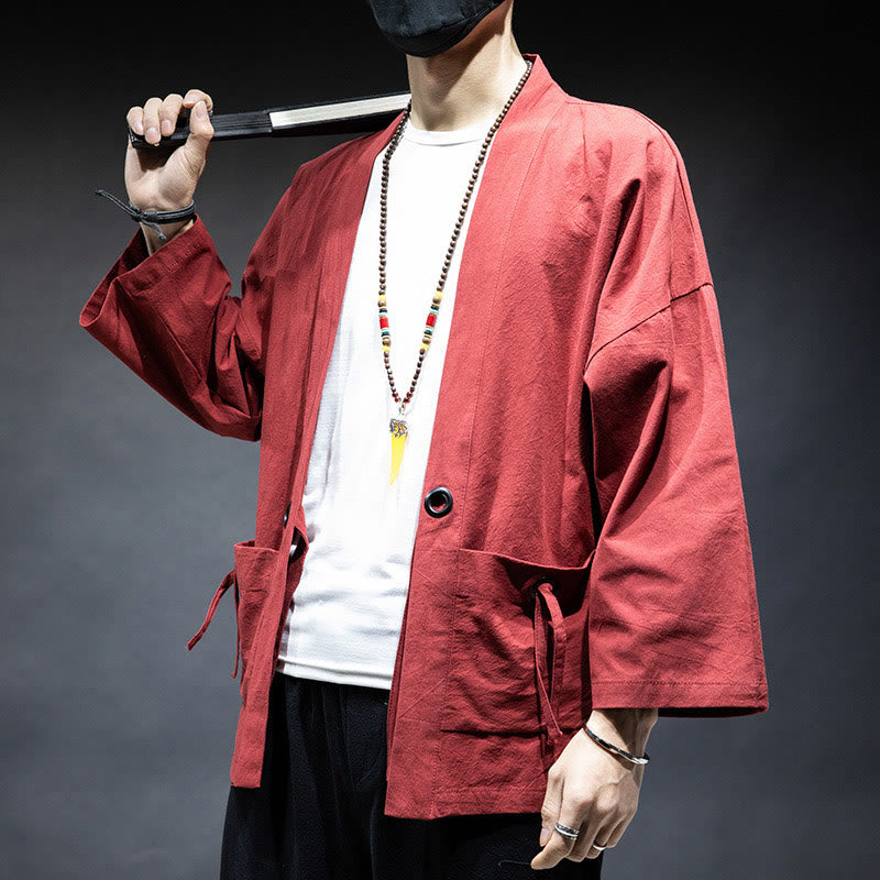 Nimara Ritual Solid Color Lace-up Open Front Jacket Cotton Men's Kimono