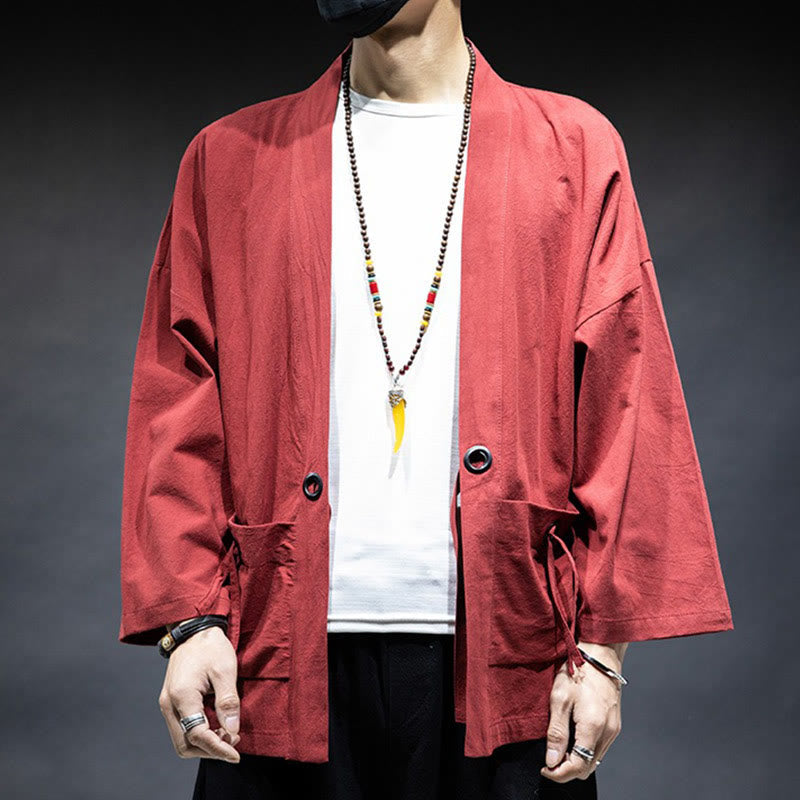 Nimara Ritual Solid Color Lace-up Open Front Jacket Cotton Men's Kimono