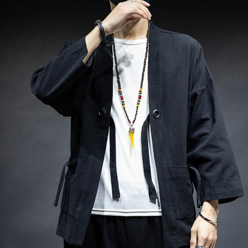 Nimara Ritual Solid Color Lace-up Open Front Jacket Cotton Men's Kimono
