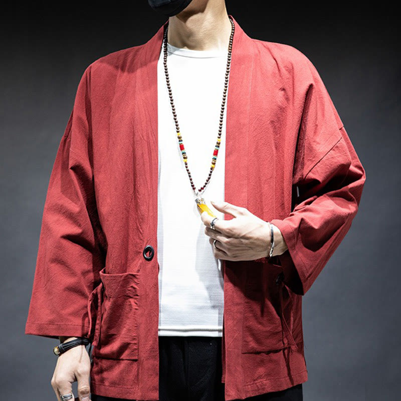 Nimara Ritual Solid Color Lace-up Open Front Jacket Cotton Men's Kimono