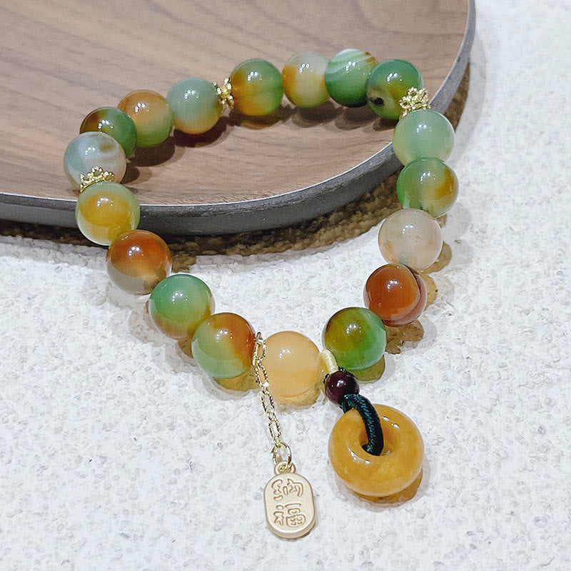 Wealth and Balance Peacock Agate Topaz Peace Buckle Fu Character Bracelet