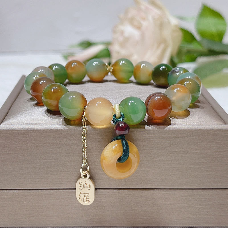 Wealth and Balance Peacock Agate Topaz Peace Buckle Fu Character Bracelet