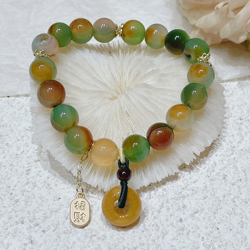 Wealth and Balance Peacock Agate Topaz Peace Buckle Fu Character Bracelet