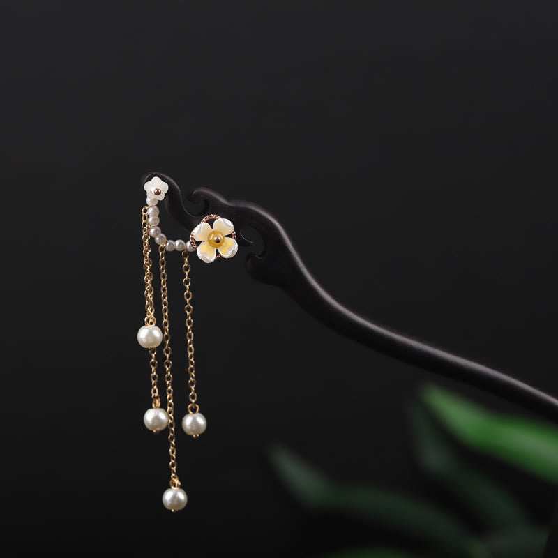 Nimara Ritual Ebony Shell Flower Pearl Tassel Blessing Hairpin