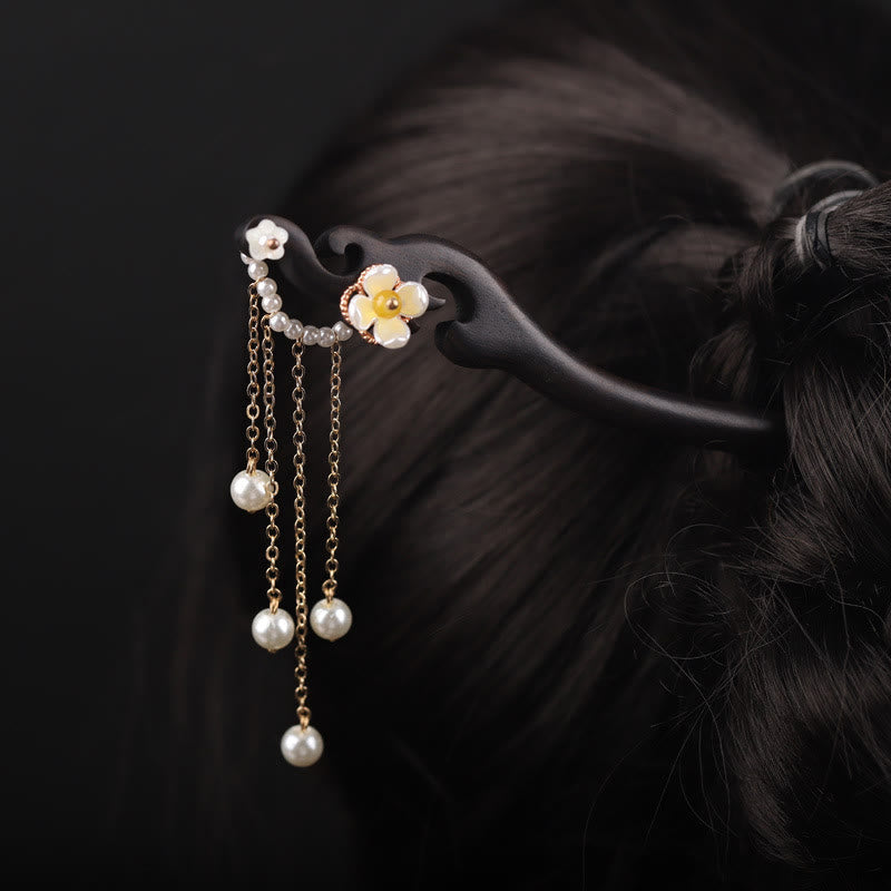 Nimara Ritual Ebony Shell Flower Pearl Tassel Blessing Hairpin