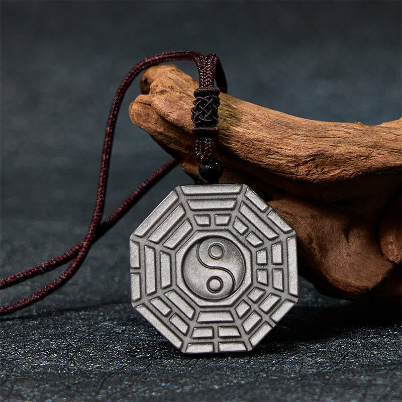 Nimara Ritual Silver Sheen Obsidian Bagua Yin Yang Symbol Protection Necklace Pendant