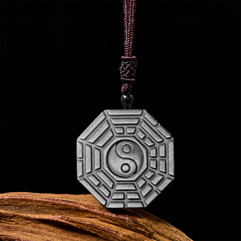 Nimara Ritual Silver Sheen Obsidian Bagua Yin Yang Symbol Protection Necklace Pendant