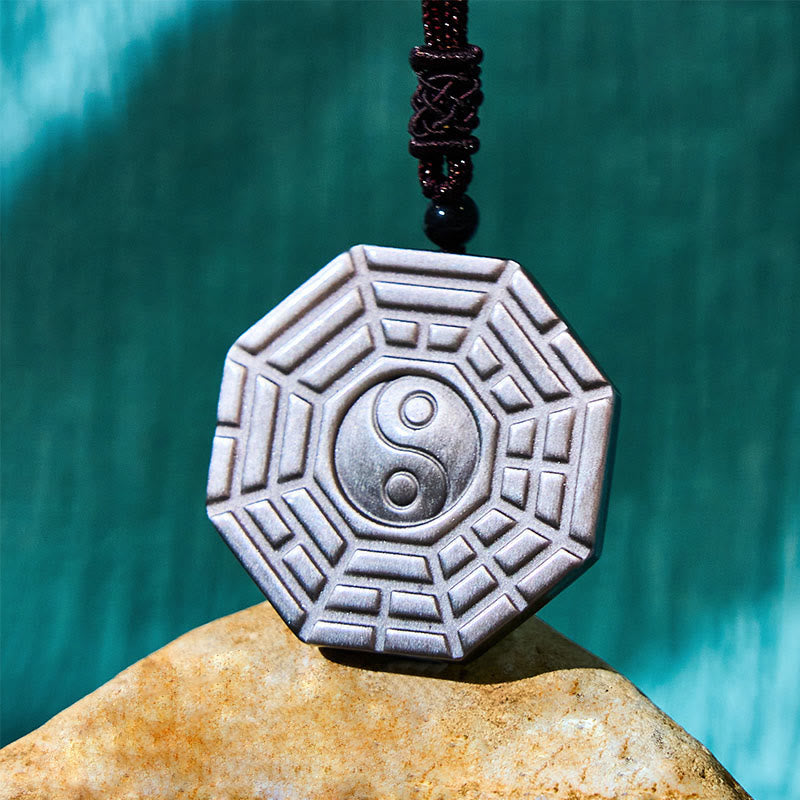 Nimara Ritual Silver Sheen Obsidian Bagua Yin Yang Symbol Protection Necklace Pendant
