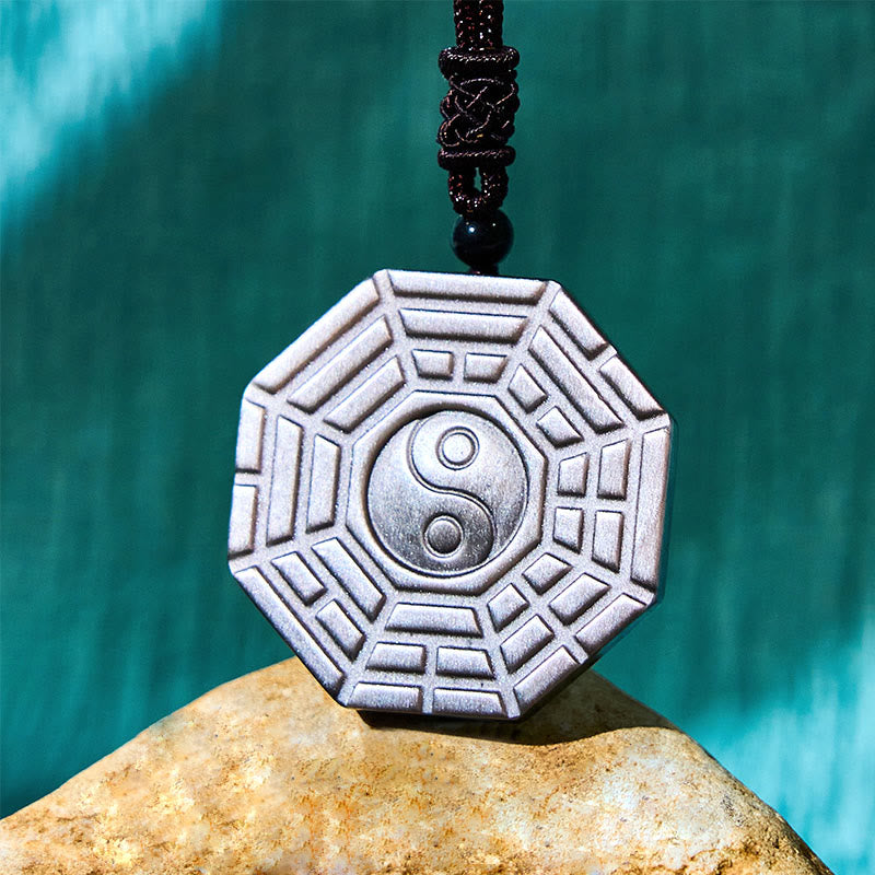 Nimara Ritual Silver Sheen Obsidian Bagua Yin Yang Symbol Protection Necklace Pendant