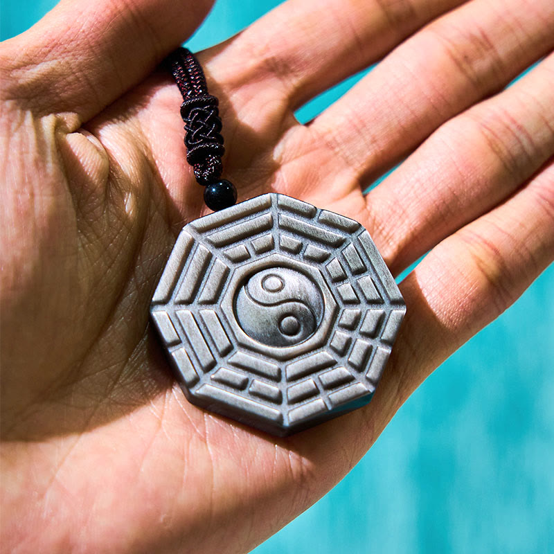 Nimara Ritual Silver Sheen Obsidian Bagua Yin Yang Symbol Protection Necklace Pendant