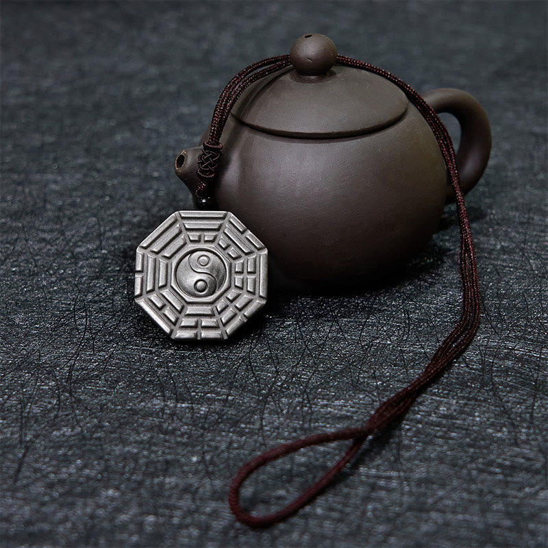 Nimara Ritual Silver Sheen Obsidian Bagua Yin Yang Symbol Protection Necklace Pendant