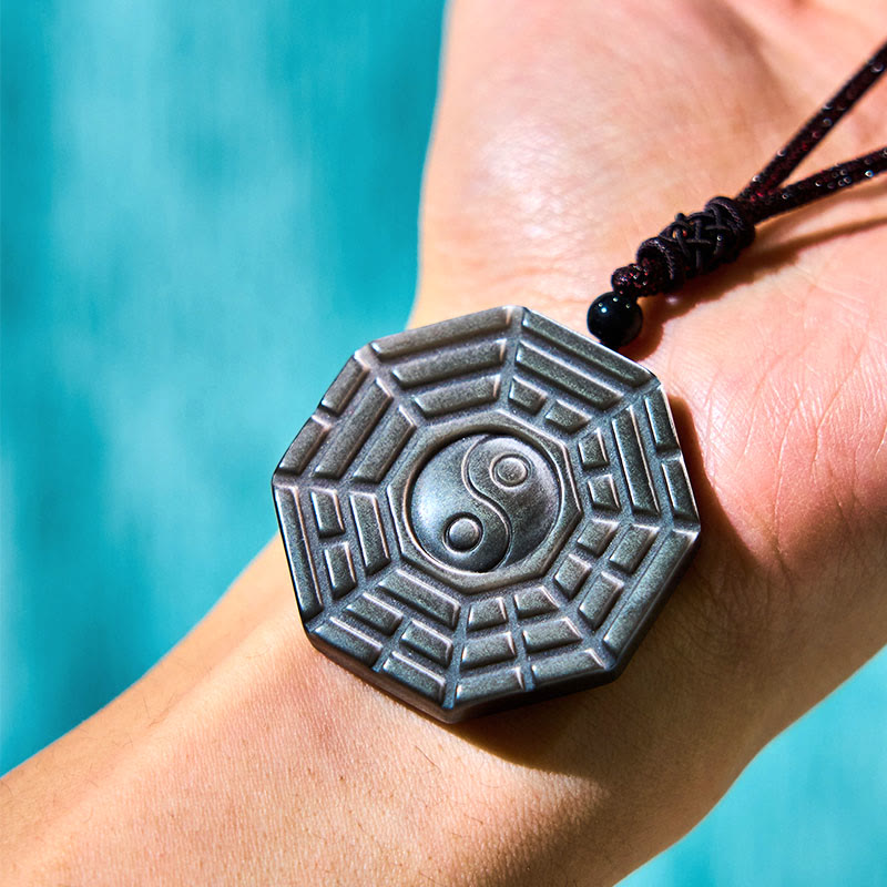Nimara Ritual Silver Sheen Obsidian Bagua Yin Yang Symbol Protection Necklace Pendant