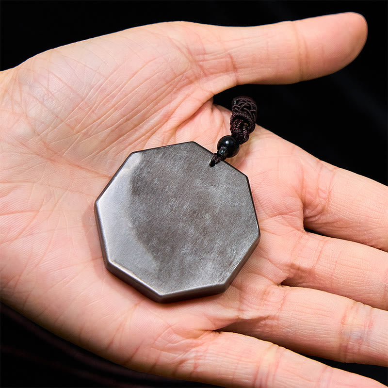 Nimara Ritual Silver Sheen Obsidian Bagua Yin Yang Symbol Protection Necklace Pendant