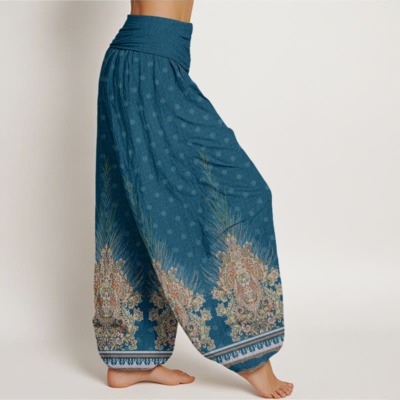 Nimara Ritual Cotton Ethnic Peacock Floral Pattern Women's Elastic Waist Harem Pants