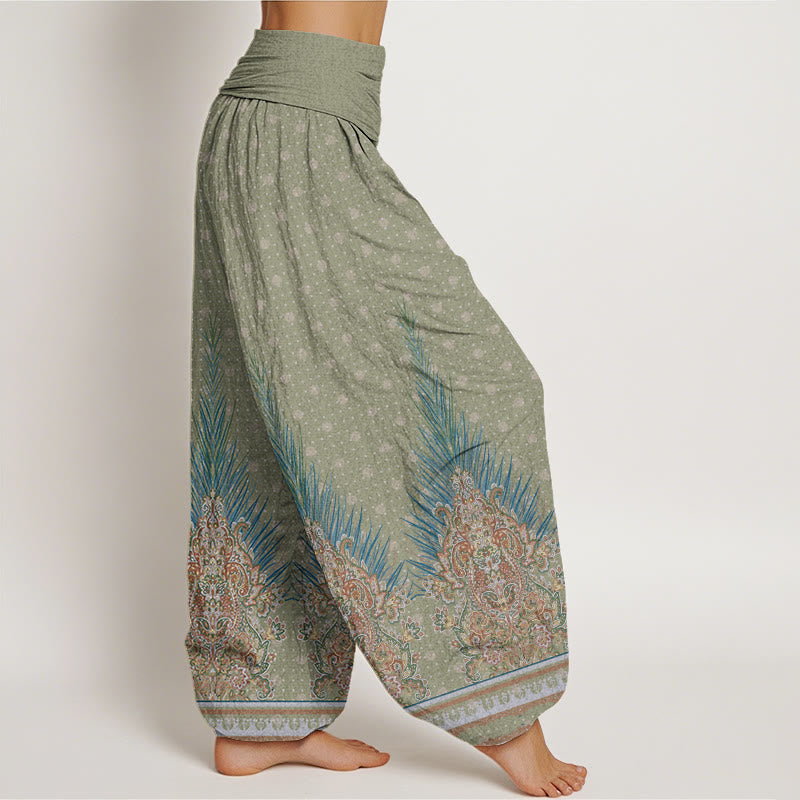 Nimara Ritual Cotton Ethnic Peacock Floral Pattern Women's Elastic Waist Harem Pants