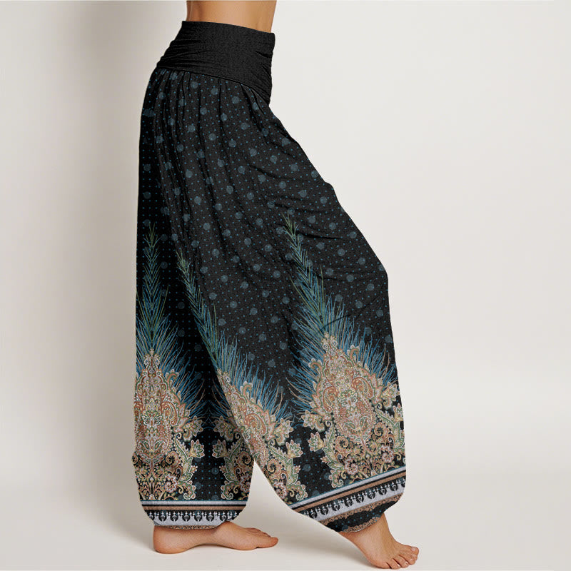 Nimara Ritual Cotton Ethnic Peacock Floral Pattern Women's Elastic Waist Harem Pants