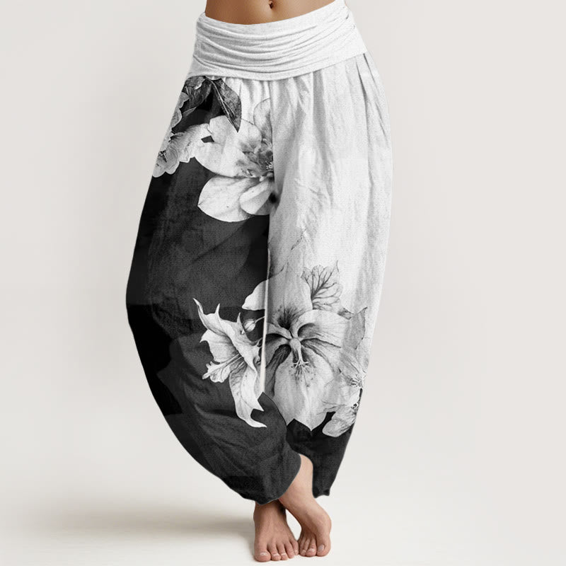 Nimara Ritual Cotton Camellia Pattern Women's Elastic Waist Harem Pants