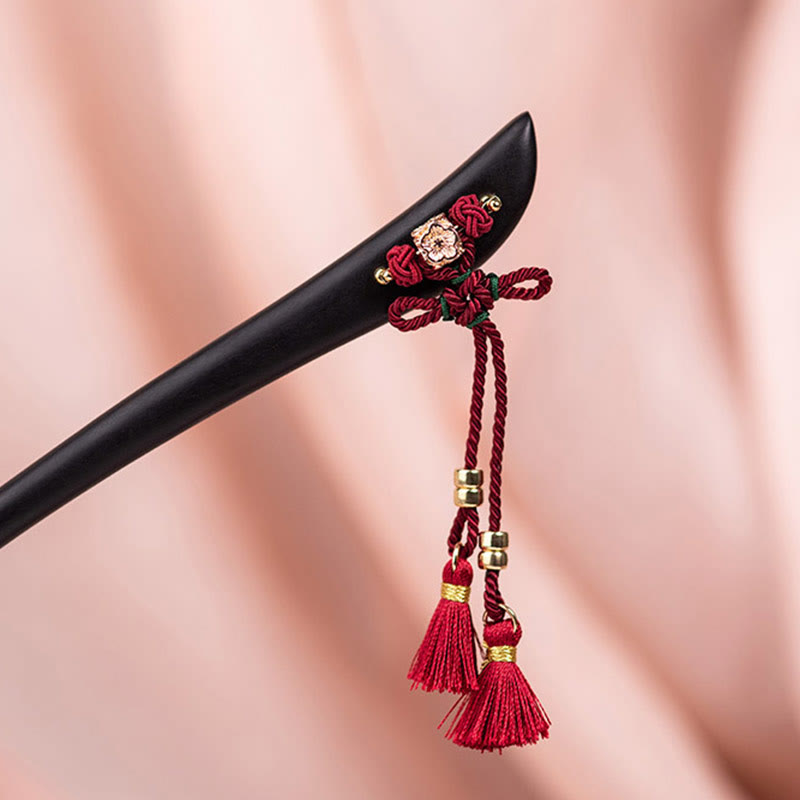 Nimara Ritual Ebony Red String Chinese Knot Tassel Protection Hairpin