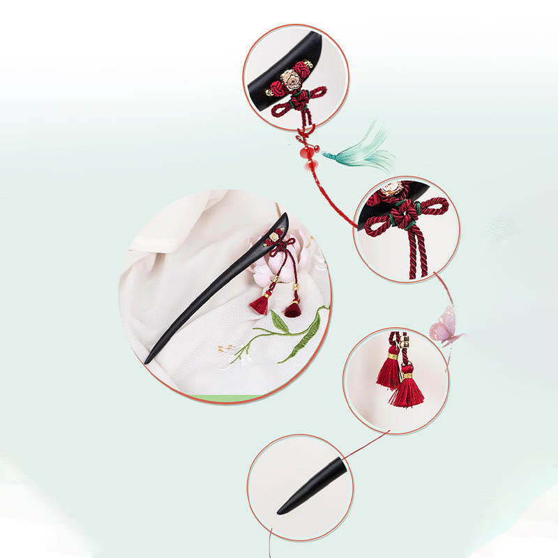Nimara Ritual Ebony Red String Chinese Knot Tassel Protection Hairpin