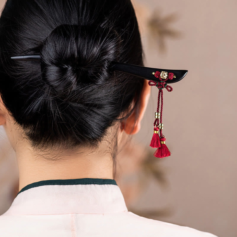 Nimara Ritual Ebony Red String Chinese Knot Tassel Protection Hairpin