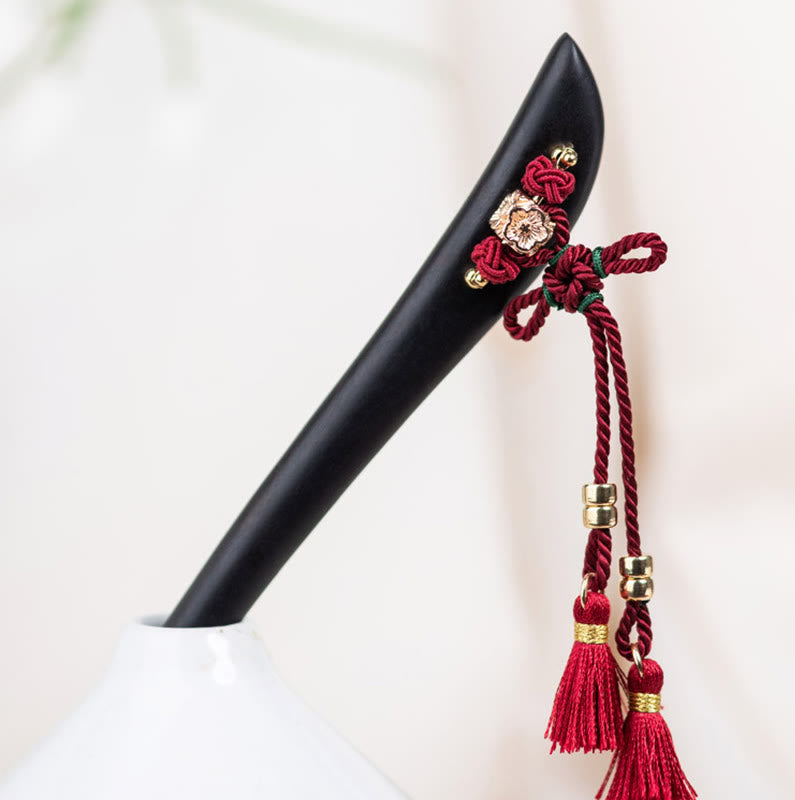 Nimara Ritual Ebony Red String Chinese Knot Tassel Protection Hairpin