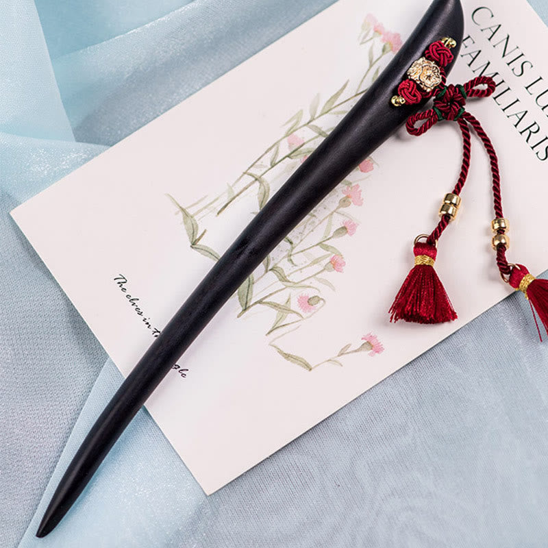 Nimara Ritual Ebony Red String Chinese Knot Tassel Protection Hairpin