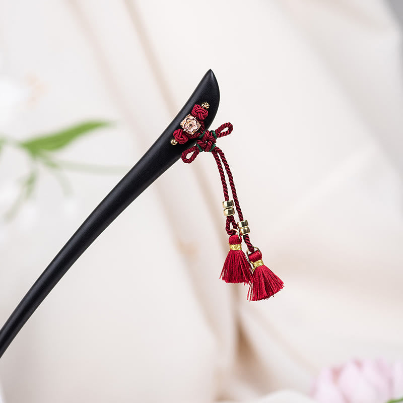 Nimara Ritual Ebony Red String Chinese Knot Tassel Protection Hairpin
