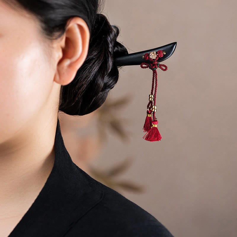 Nimara Ritual Ebony Red String Chinese Knot Tassel Protection Hairpin