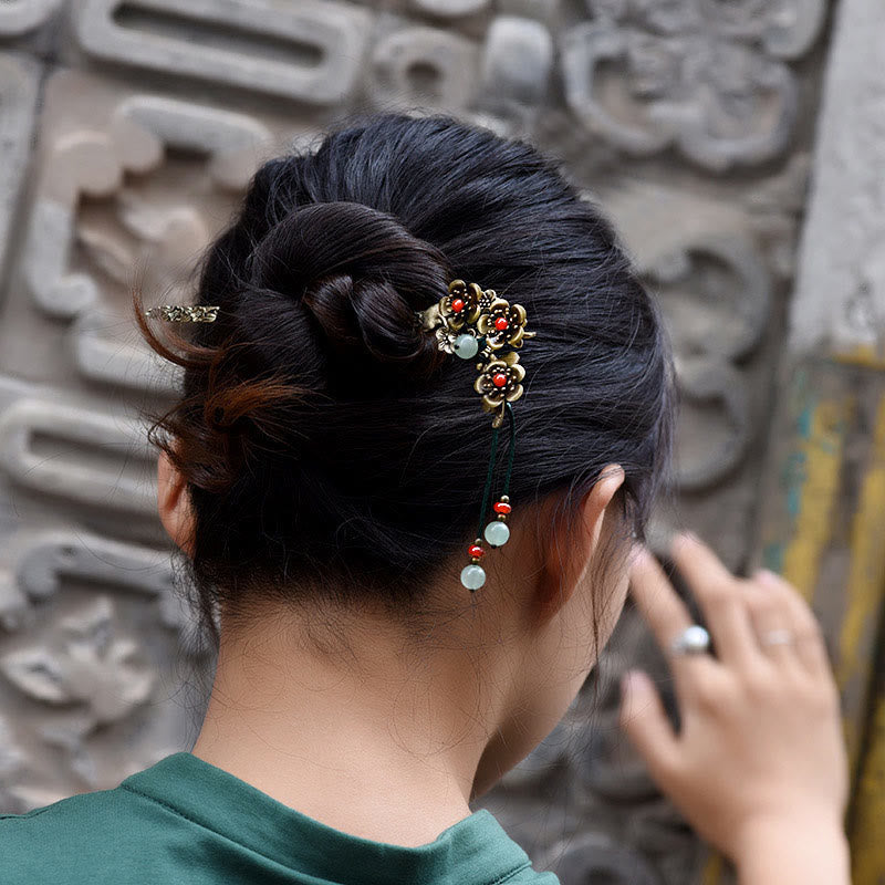 Nimara Ritual Green Aventurine Red Agate Alloy Flowers Soothing Hairpin