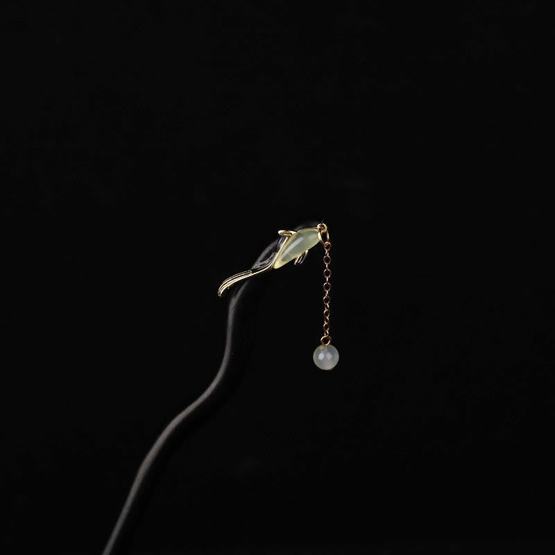 Nimara Ritual Ebony Hetian Jade Fish Blessing Hairpin