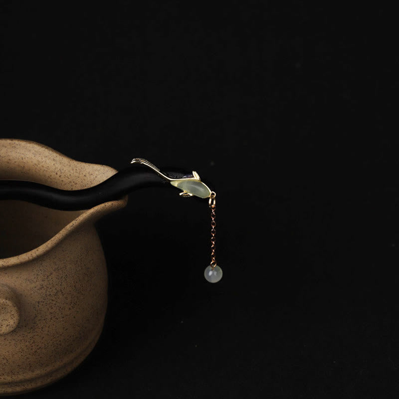 Nimara Ritual Ebony Hetian Jade Fish Blessing Hairpin