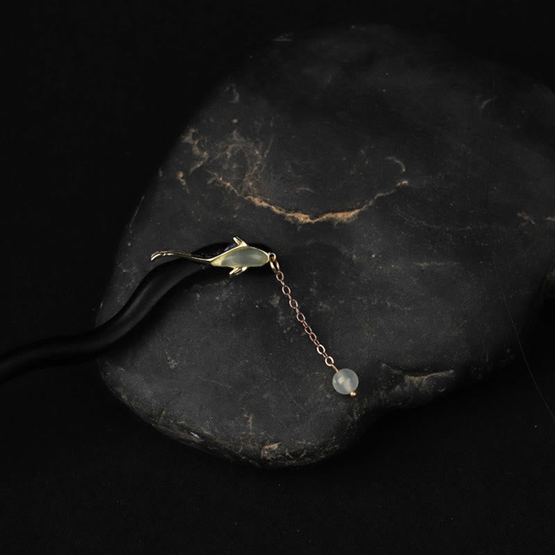 Nimara Ritual Ebony Hetian Jade Fish Blessing Hairpin
