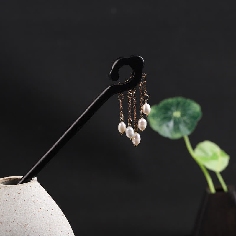 Nimara Ritual Ebony Auspicious Cloud Pearl Tassel Protection Hairpin