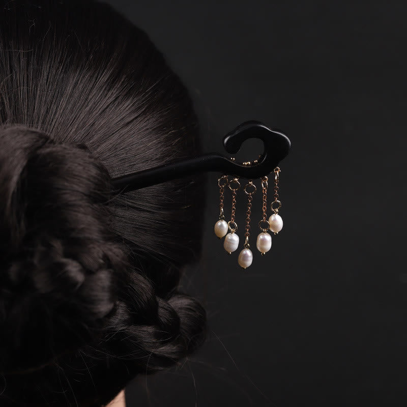 Nimara Ritual Ebony Auspicious Cloud Pearl Tassel Protection Hairpin