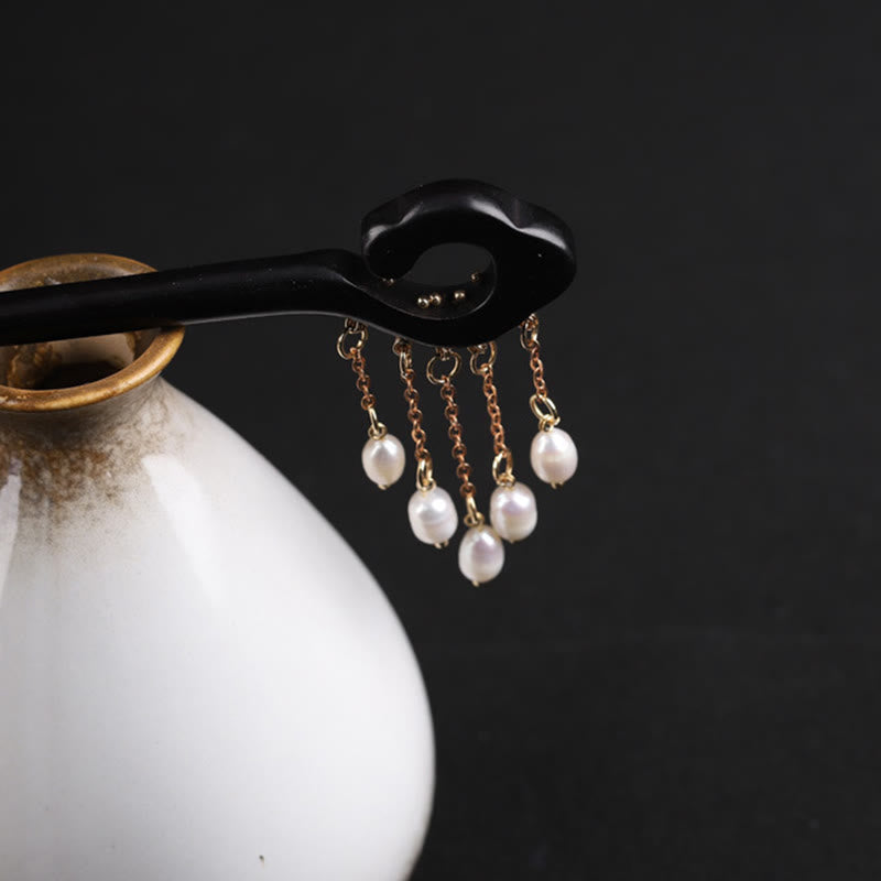Nimara Ritual Ebony Auspicious Cloud Pearl Tassel Protection Hairpin