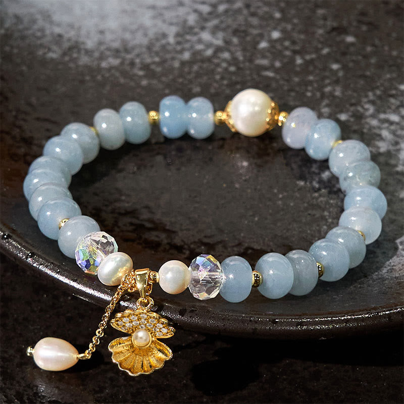 Nimara Ritual Natural Aquamarine Pearl Shell Healing Bead Bracelet