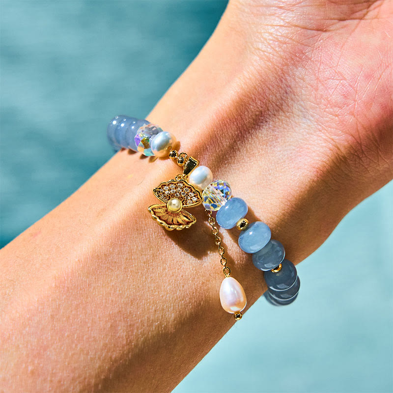 Nimara Ritual Natural Aquamarine Pearl Shell Healing Bead Bracelet