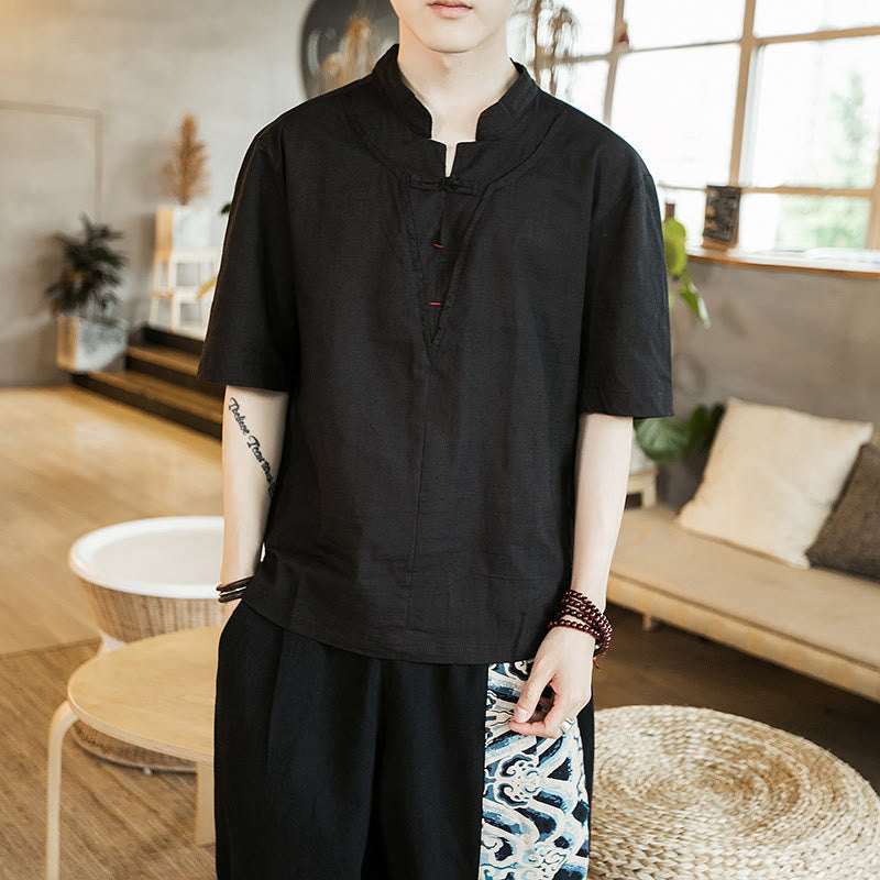 Nimara Ritual Summer Plain Color Frog-Button Notched Neck Men's Half Sleeve Cotton Shirt