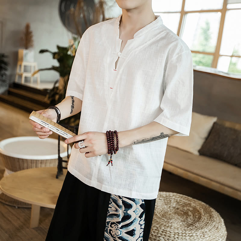 Nimara Ritual Summer Plain Color Frog-Button Notched Neck Men's Half Sleeve Cotton Shirt