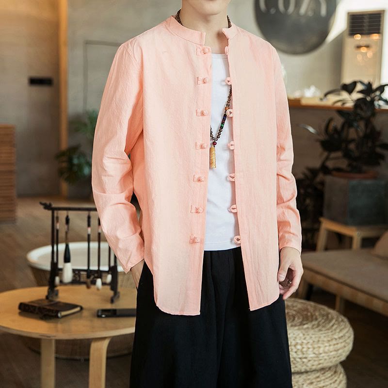 Nimara Ritual Casual Stand Collar Frog-Button Long Sleeve Tang Suit Men's Shirt