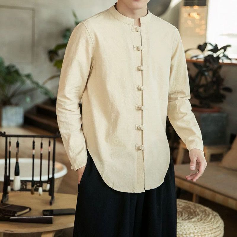 Nimara Ritual Casual Stand Collar Frog-Button Long Sleeve Tang Suit Men's Shirt